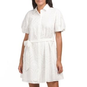 Sam Edelman White Eyelet Mini Collared Pockets Puff Dress Classic Cottagecore